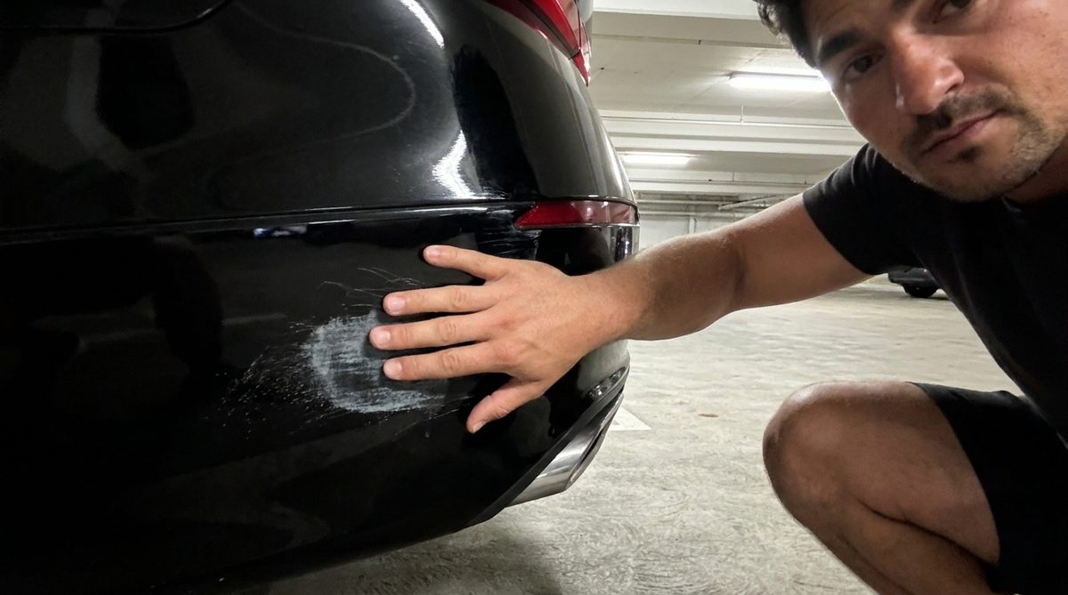 Rick holding his hand against the scuffed corner of his rear bumper for scale.