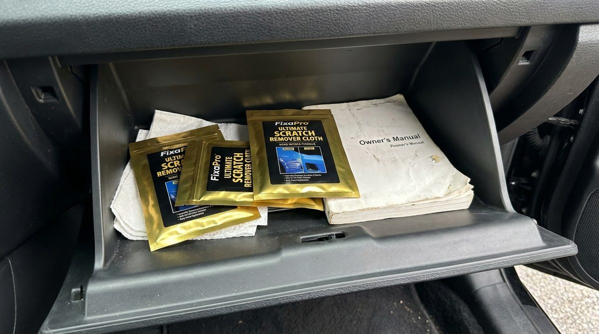 FixaPro packs sitting in the open glove compartment.