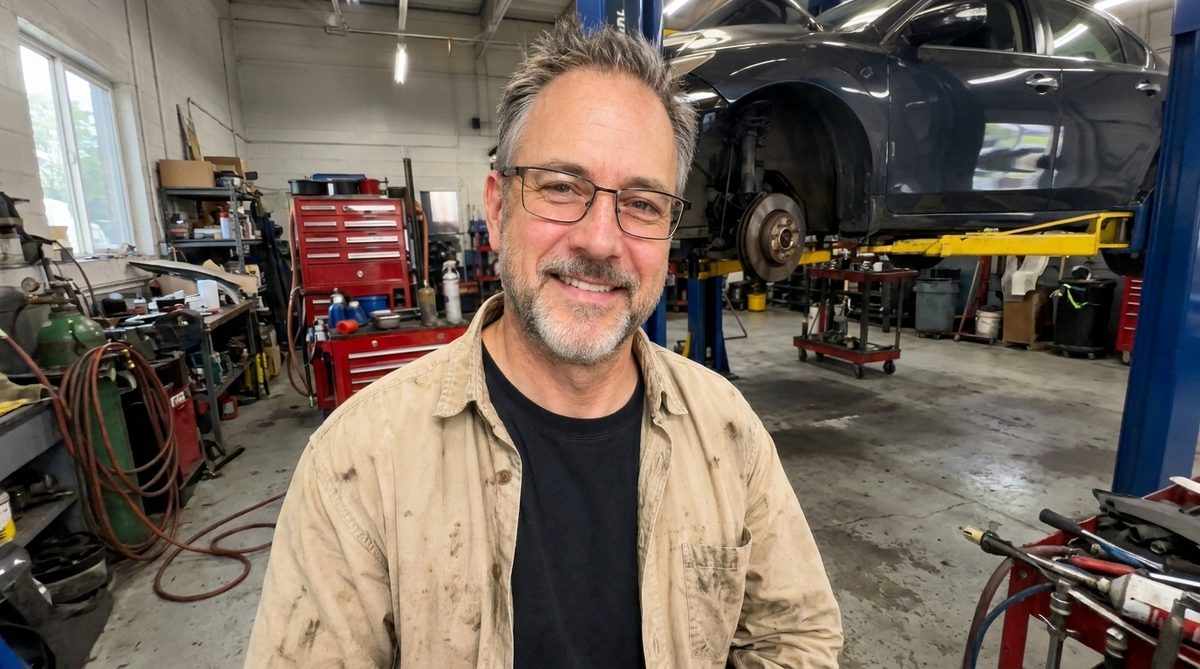 Mark Delaney in the bay of his collision shop.