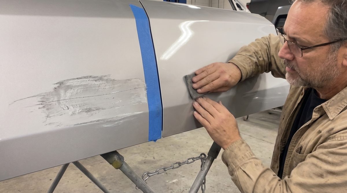 A test door panel taped down the middle — the scuff still there on the untreated side, gone on the side FixaPro was used on.
