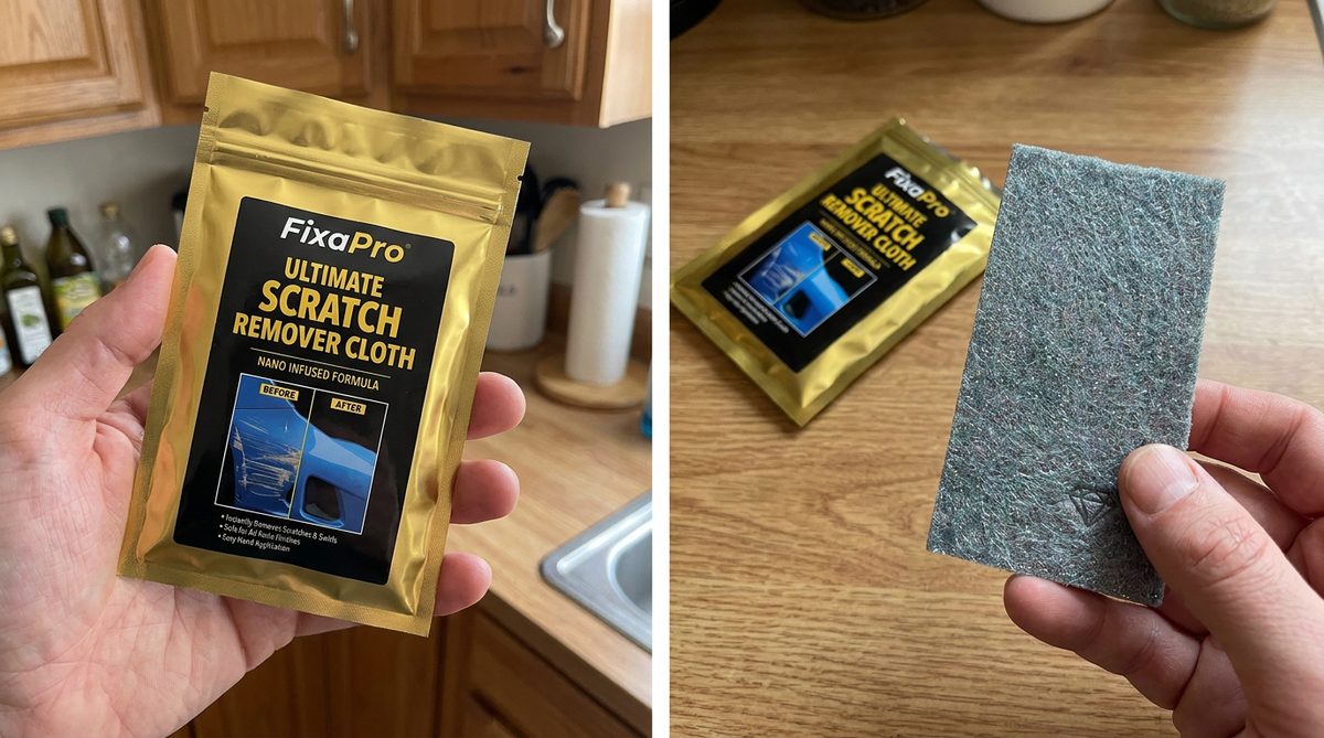 The sealed gold FixaPro pack, and the grey fiber cloth that was inside it.